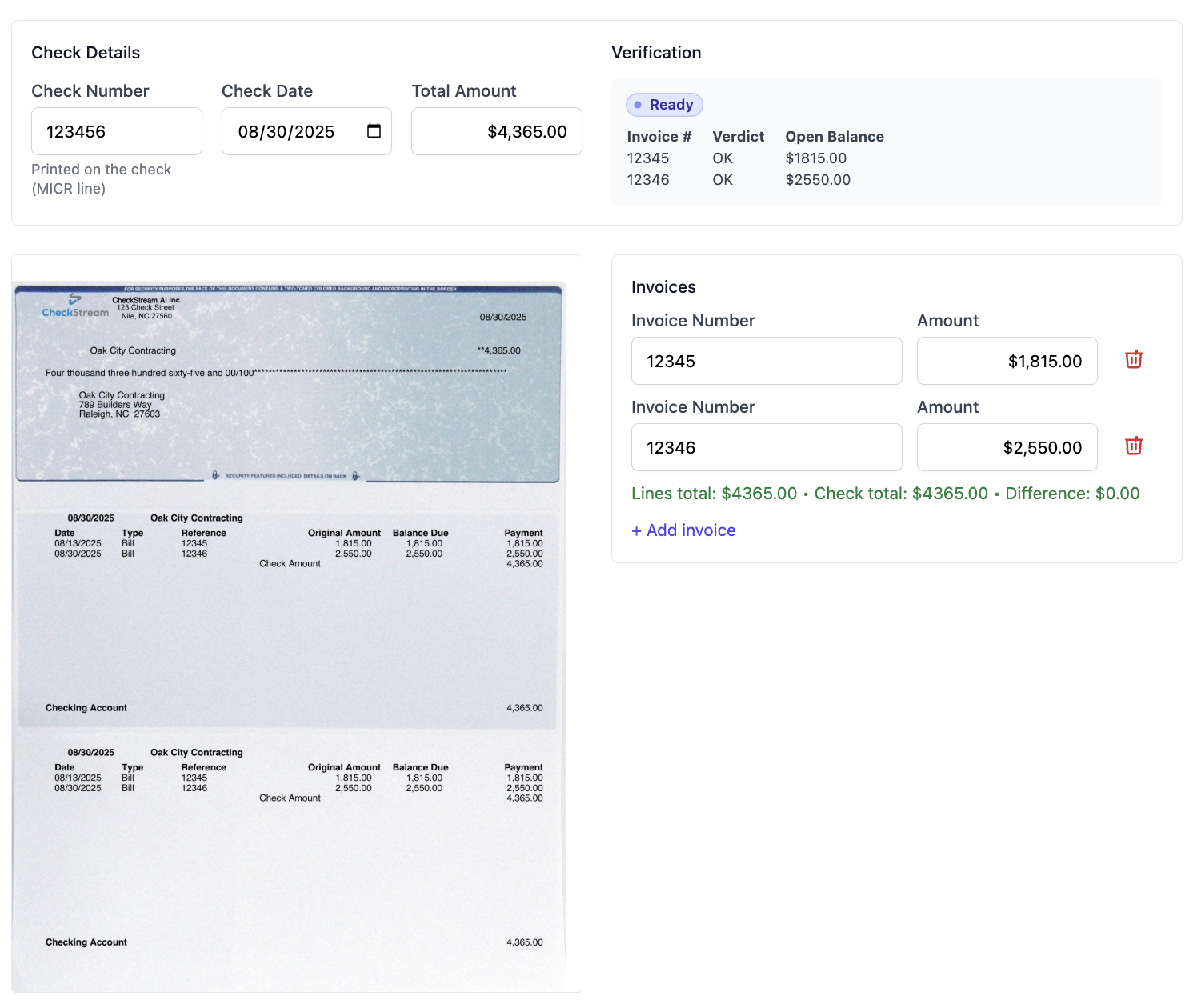 CheckStream: extracted check fields, QuickBooks payment creation, and approve workflow